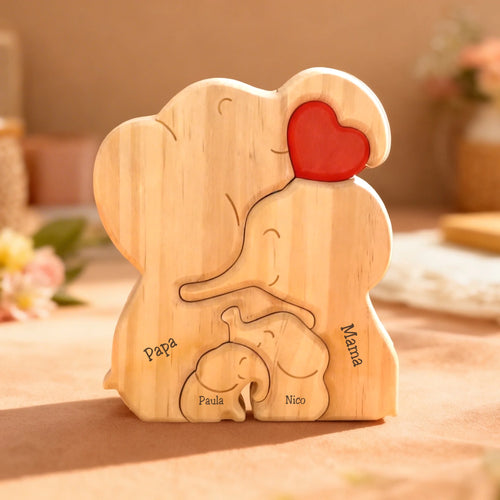 Personaliseerbare houten olifantenfamilie – vier sierlijke olifanten in verschillende maten voor thuisdecoratie