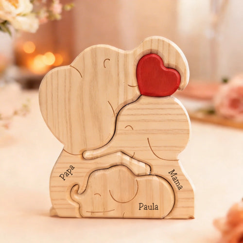 Personaliseerbare houten olifantenfamilie – vier sierlijke olifanten in verschillende maten voor thuisdecoratie – Motiv 2