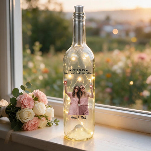 Gepersonaliseerde LED-wijnfles met foto voor beste vrienden – warmwitte verlichting in glazen fles – Motiv 2
