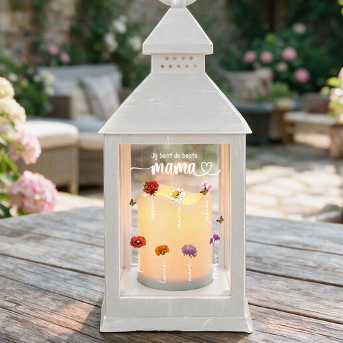 Gepersonaliseerde LED-lantaarn Mama's tuin met geboortebloemen design, warm licht voor balkon en tuin – Motiv 2