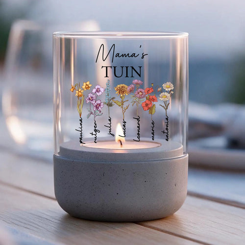 Gepersonaliseerd windlicht met betonnen voet, versierd met namen en bloemmotieven voor mama en oma – Motiv 2