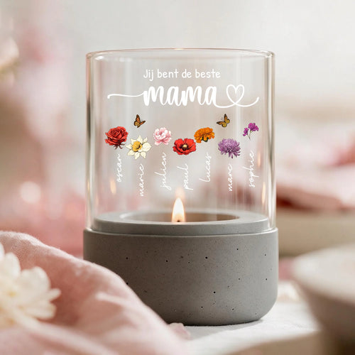 Gepersonaliseerd windlicht met betonnen voet en geboortebloemen voor mama en oma