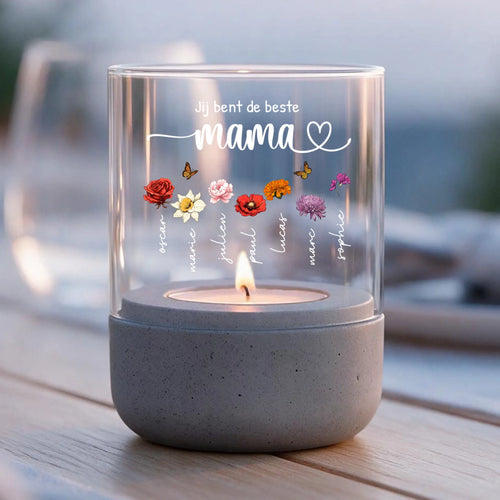 Gepersonaliseerd windlicht met betonnen voet en geboortebloemen voor mama en oma – Motiv 2