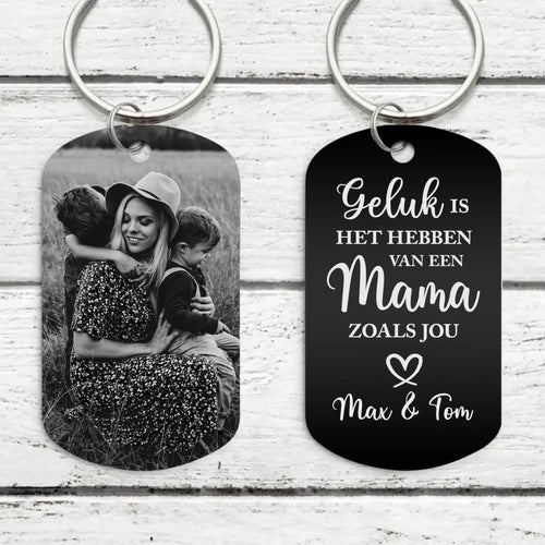 Gepersonaliseerde metalen sleutelhanger met zwart-witfoto gravure aan beide zijden, zwart afgewerkt aluminium