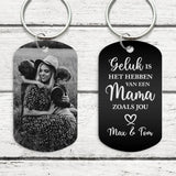 Gepersonaliseerde metalen sleutelhanger met zwart-witfoto gravure aan beide zijden, zwart afgewerkt aluminium