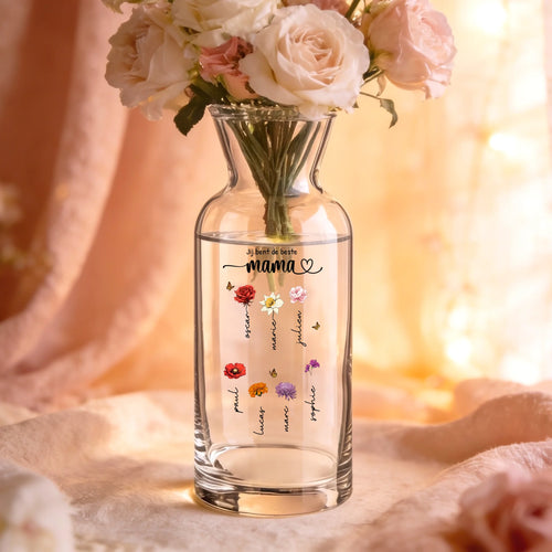 Gepersonaliseerde glazen vaas met bloemenmotief en namen voor mama en oma, tuindesign – Motief 2