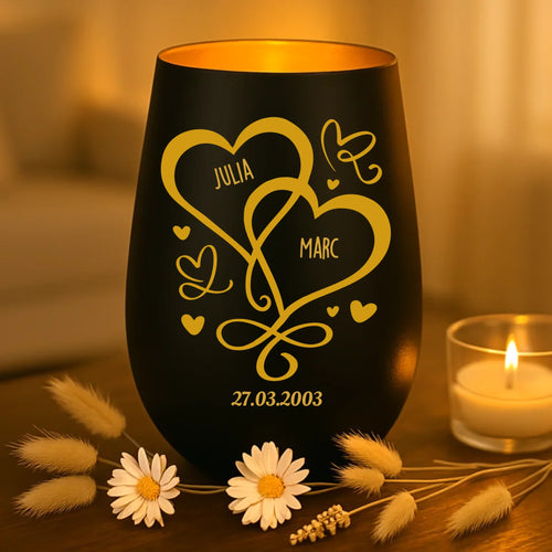 persoonlijk cadeau - zwart-goud windlicht met naamgravure - handgemaakt door Love & Faith