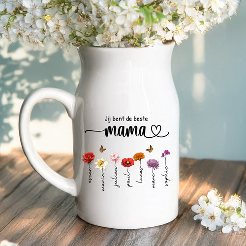 Gepersonaliseerde keramische vaas Mama's tuin met bloemenmotief en namen van kinderen of kleinkinderen