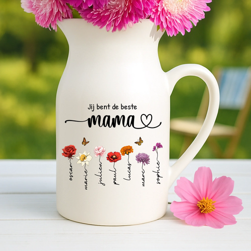 Gepersonaliseerde vaas Mama's tuin met bloemen en namen van kinderen en kleinkinderen – Motief 2